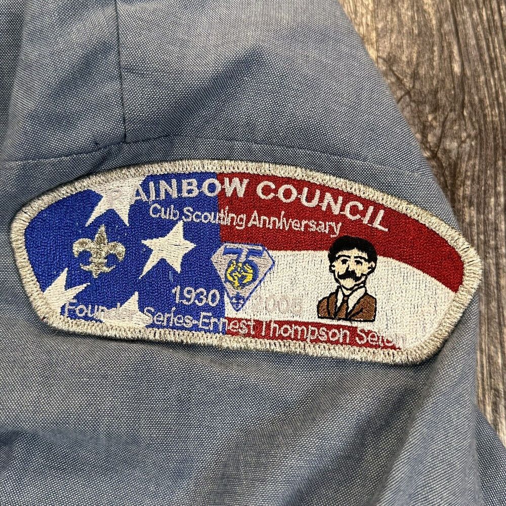 Men's L/S Dickies Chambray BSA Boy Scout Shirt Sz L Rainbow Council 75th Patch